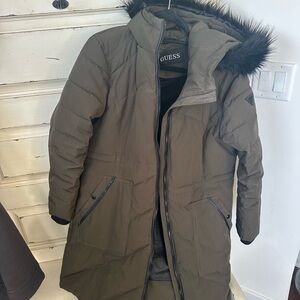 GUESS Women's Olive Puffer Jacket with Faux Fur Hood